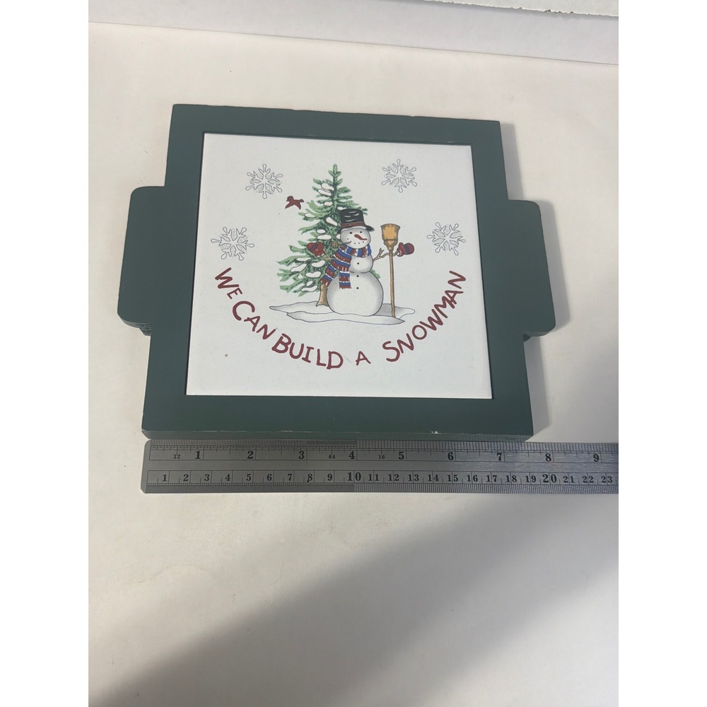 Vintage Snowman Tile Trivet Tray Green Wood Frame Winter Holiday Decor